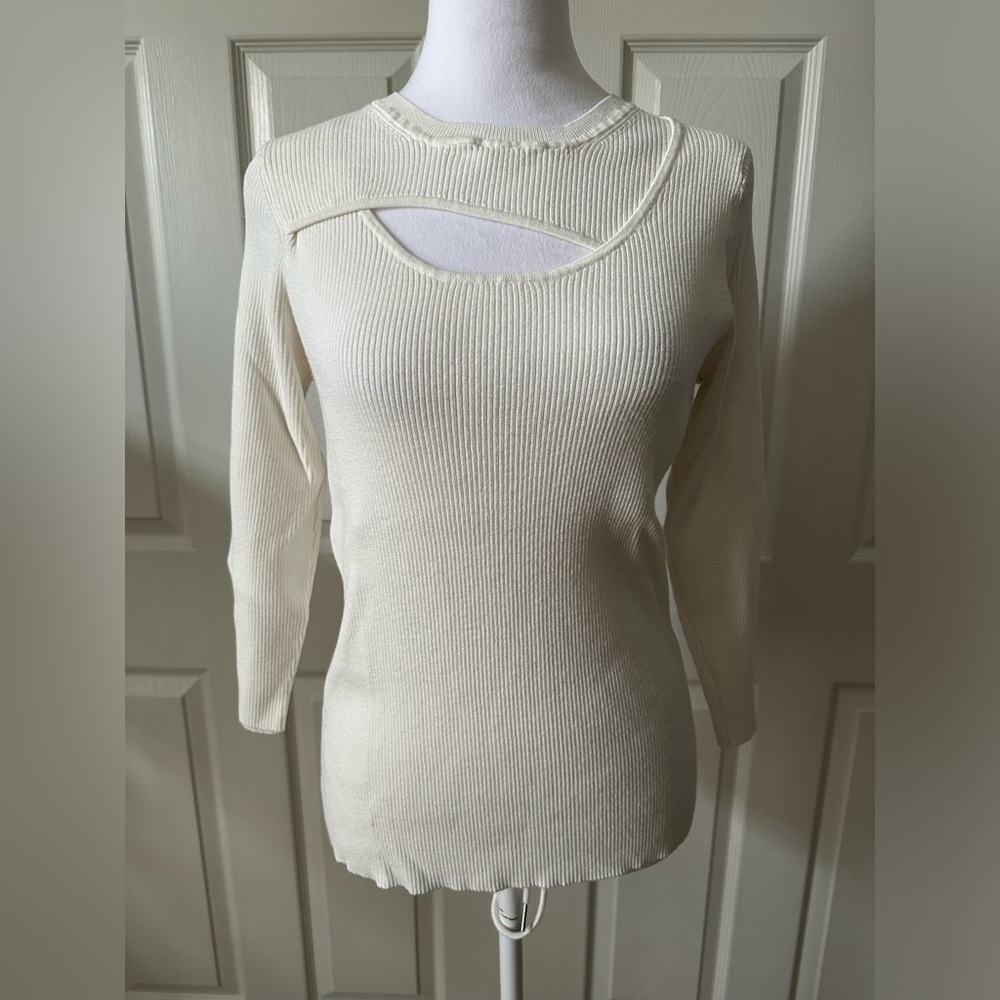 Carmen Marc Volvo Cut Out Knit Sweater, 3/4 Sleeves, Cream, XL